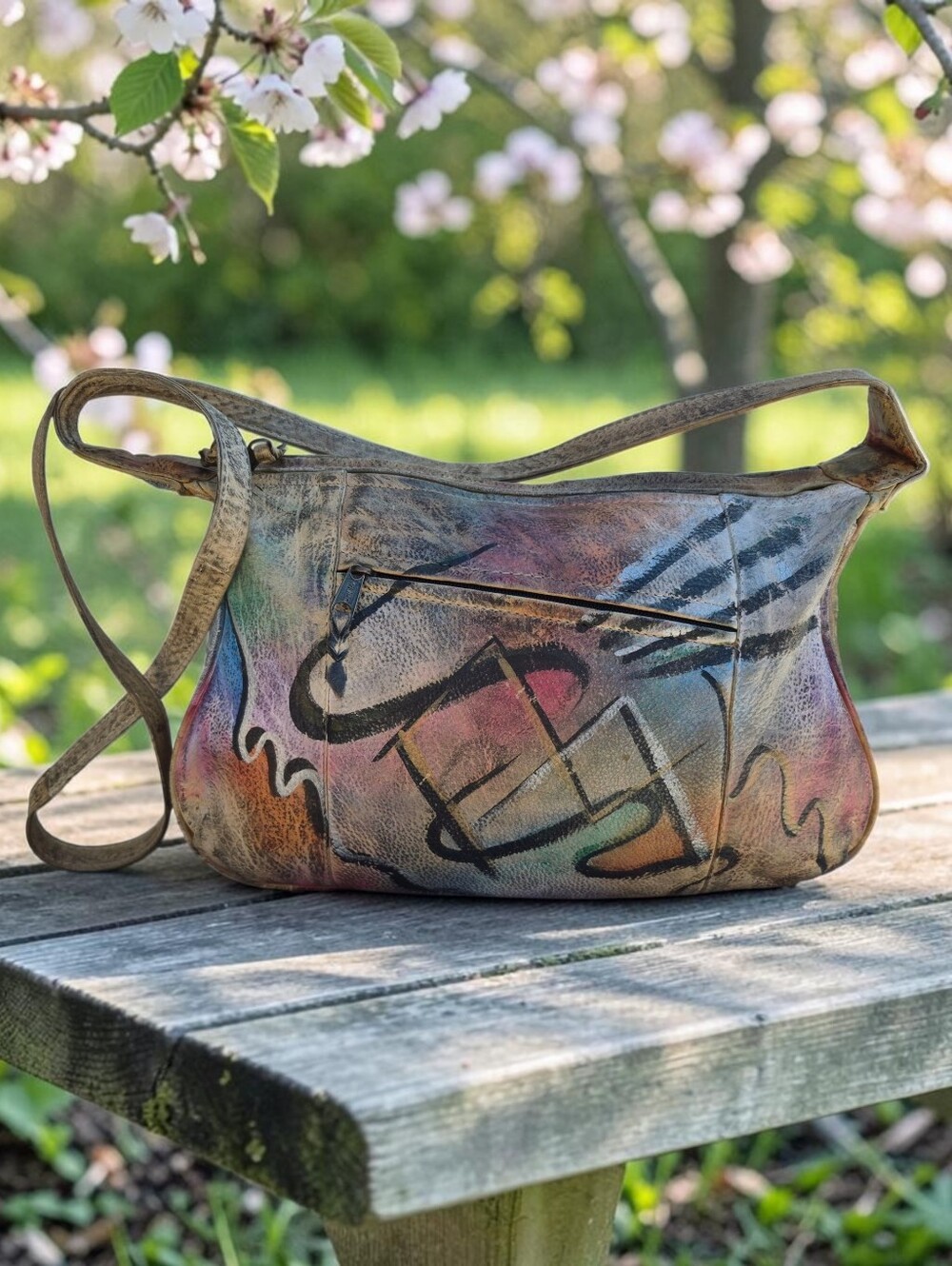 Handpainted Abstract Double Zip Leather Crossbody